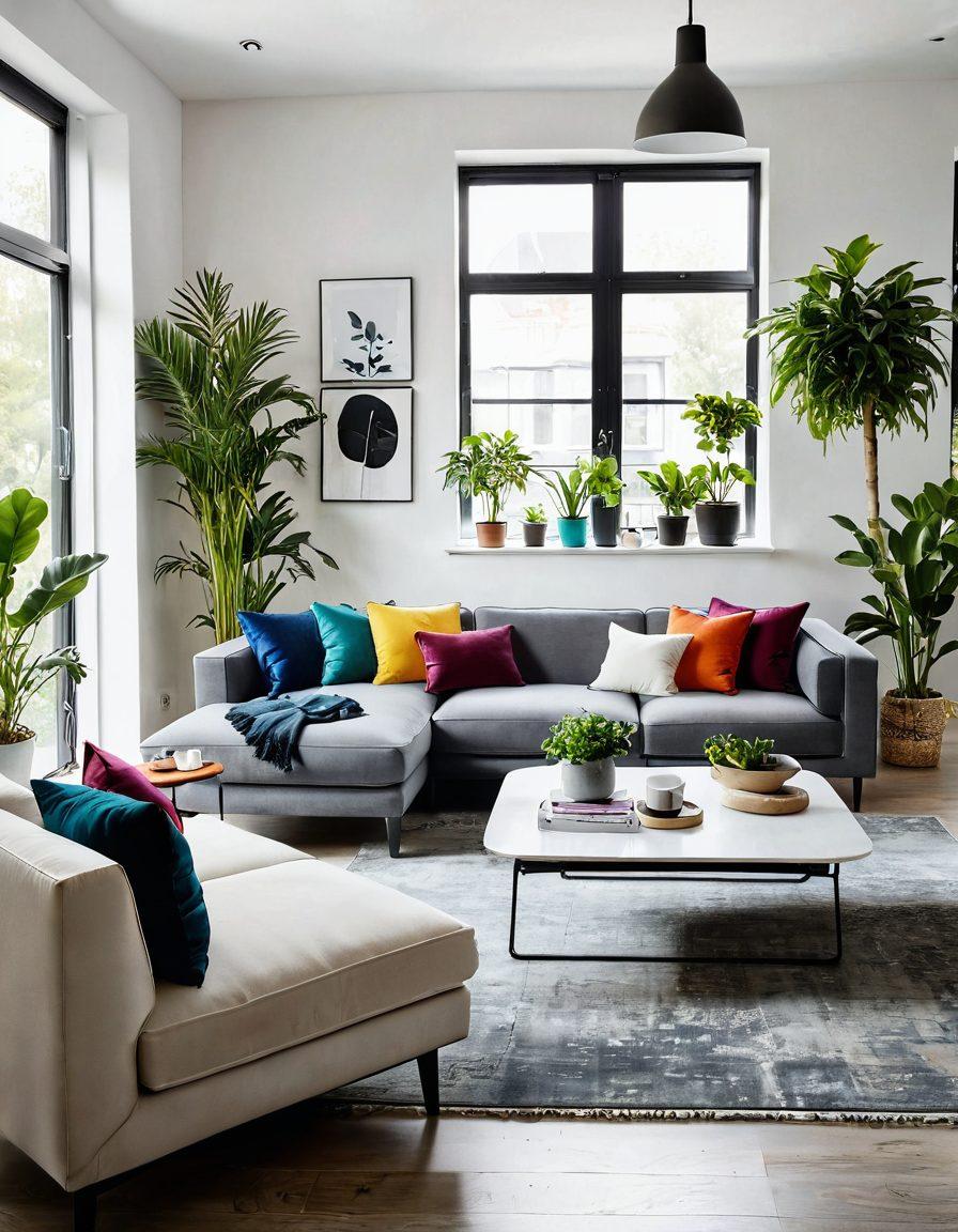 A stylish living room showcasing modern furniture that balances aesthetics and functionality, featuring a sleek sofa with vibrant cushions, multi-purpose coffee table, and smart lighting. Include decorative plants for a touch of nature, while ensuring a cozy atmosphere. The background should include an open-plan kitchen to emphasize utility. super-realistic. vibrant colors. white background.