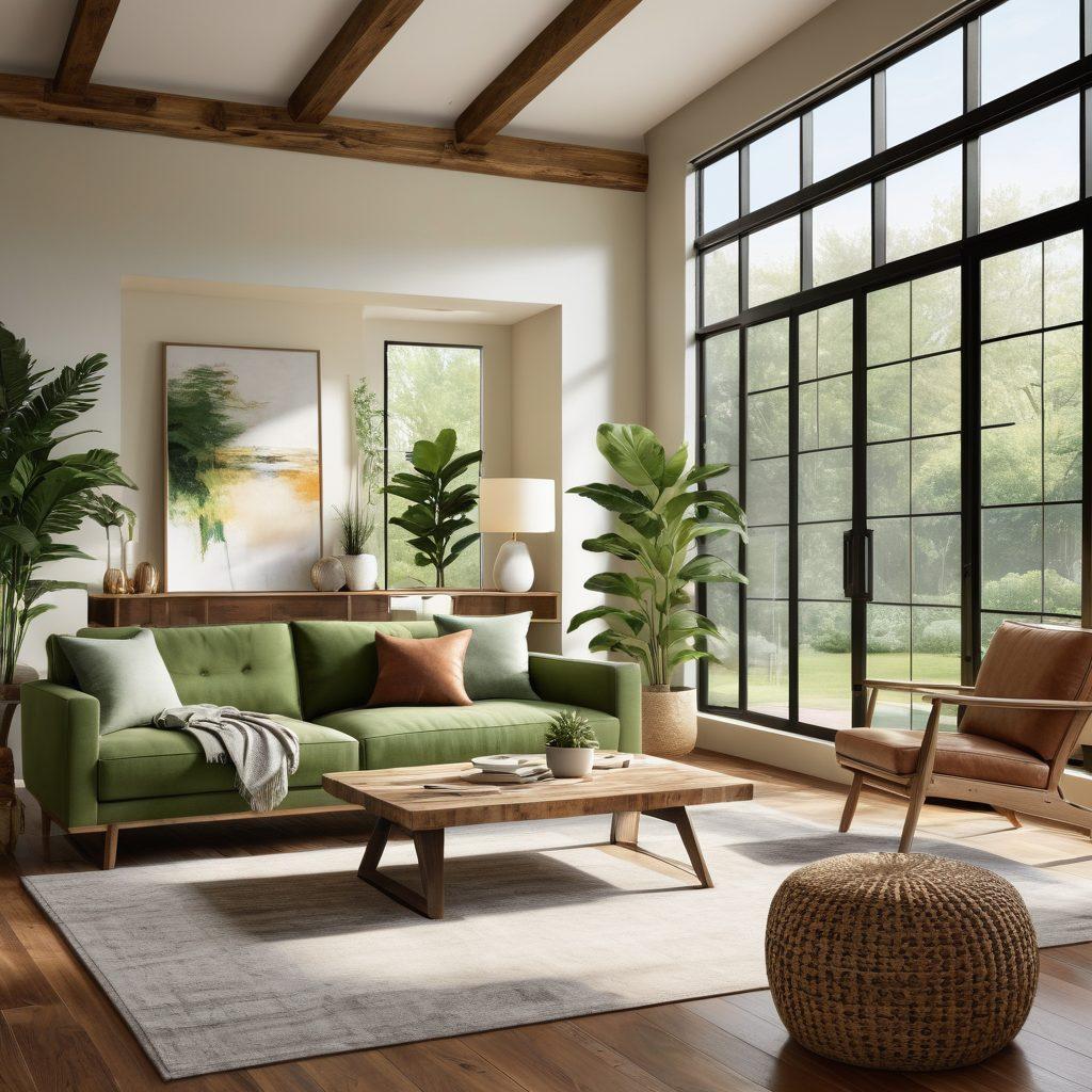 A beautifully styled modern living room featuring eco-friendly furniture made from reclaimed wood and sustainable materials. Include lush indoor plants, natural light streaming through large windows, and a cozy, inviting atmosphere. Highlight contemporary design elements such as clean lines and minimalistic decor that reflect sustainability. The color palette should be earthy with pops of green and soft textures. super-realistic. vibrant colors. natural light.