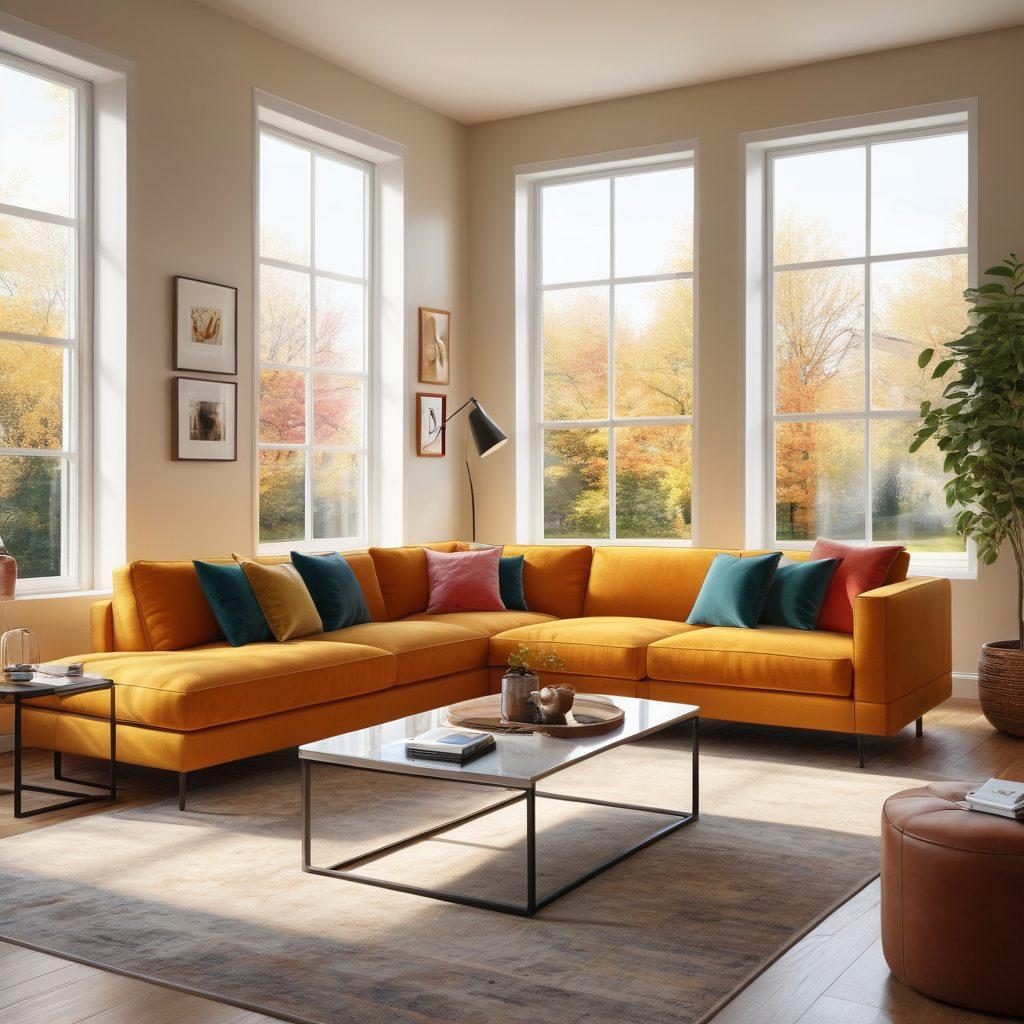 A stylish interior showcasing a blend of modern and functional furniture designs, featuring a cozy living room with a sleek sofa, elegant coffee table, and innovative storage solutions. Sunlight streams in through large windows, enhancing the inviting atmosphere with warm, vibrant colors. Artistic decor pieces add a touch of personality to the space. super-realistic. vibrant colors. bright and airy.